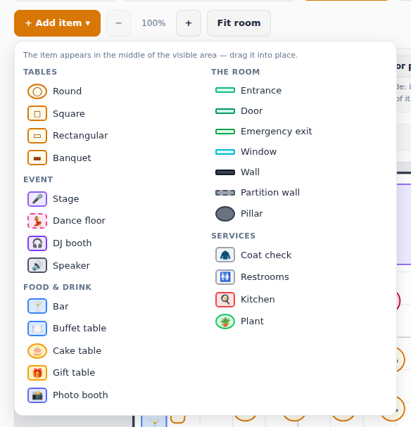 The Add item menu: tables, event, food and drink, the room and services