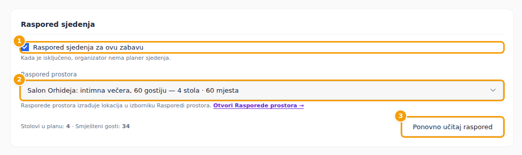 Raspored sjedenja proslave: prekidač (1), raspored prostora (2) i Ponovno učitaj raspored (3)