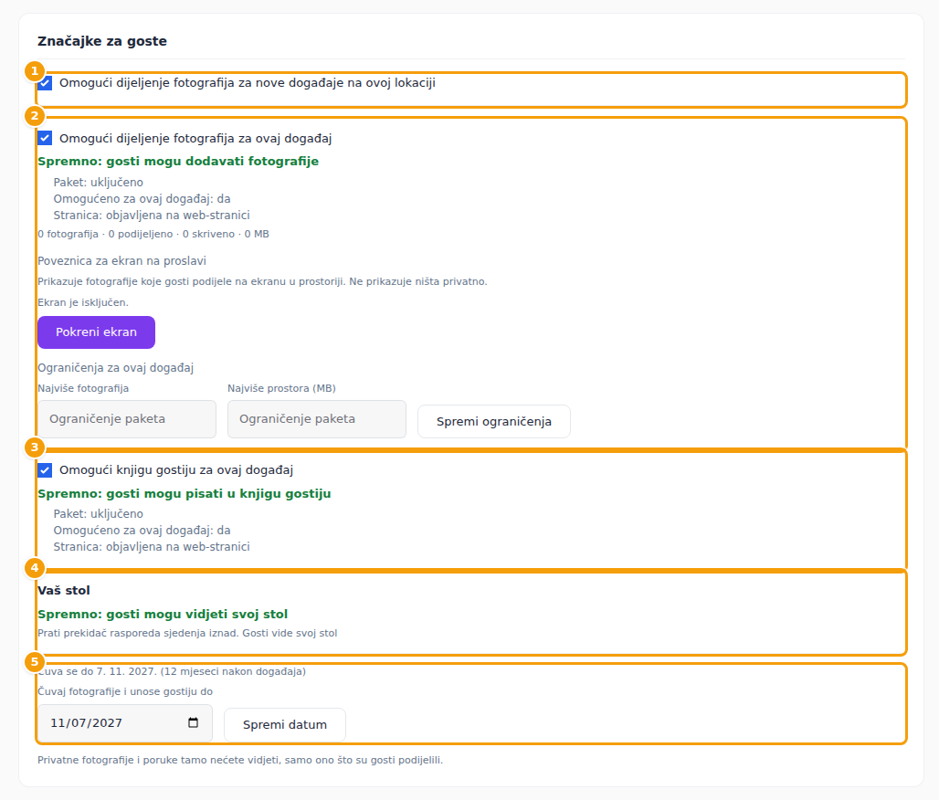 Zadana vrijednost lokacije (1), dijeljenje fotografija (2), knjiga gostiju (3), vaš stol (4) i koliko se dugo čuva (5)