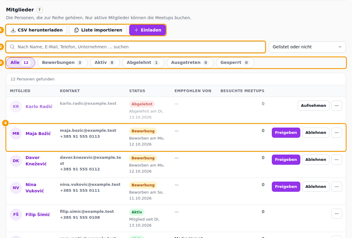 CSV herunterladen, Liste importieren und Einladen (1), die Suche (2), die Status-Buttons (3) und eine Bewerbung (4)