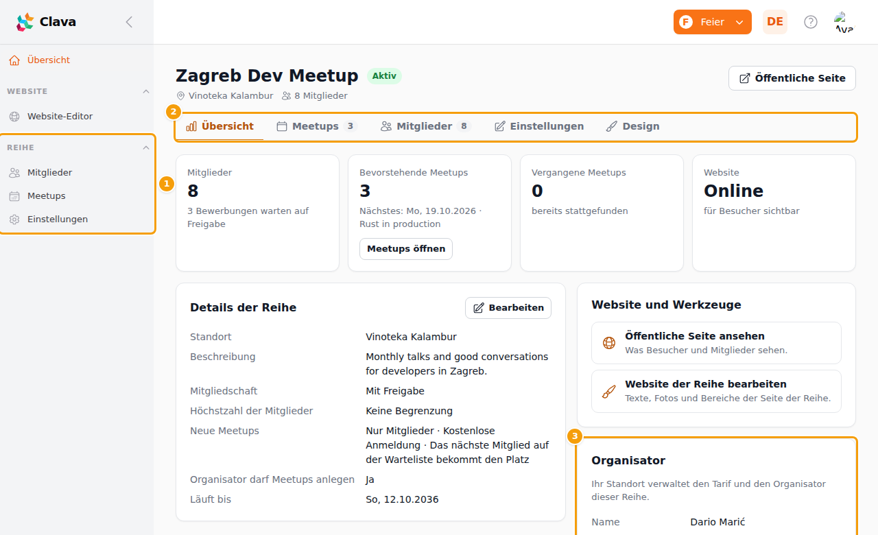 Das Menü Reihe (1), die Registerkarten (2) und die Karte Organisator (3) im Bereich des Organisators