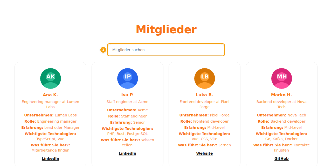 Das Mitgliederverzeichnis auf der Website der Reihe, mit der Suche (1)