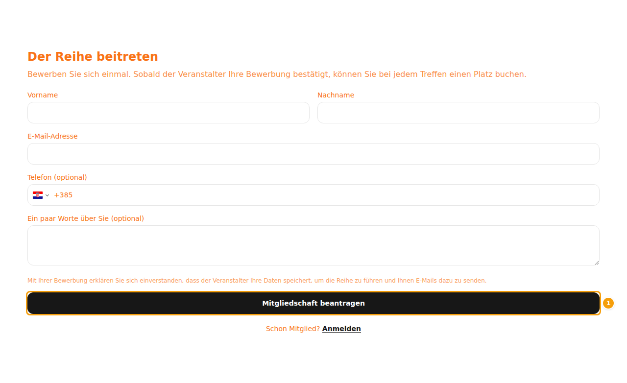 Das Anmeldeformular auf der Website der Reihe, mit dem Button (1)