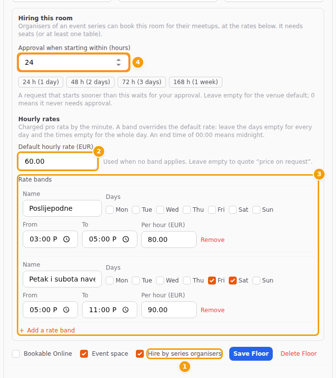 Hiring a room in Venue Setup: the tick (1), the default rate (2), the rate bands (3) and the approval hours (4)