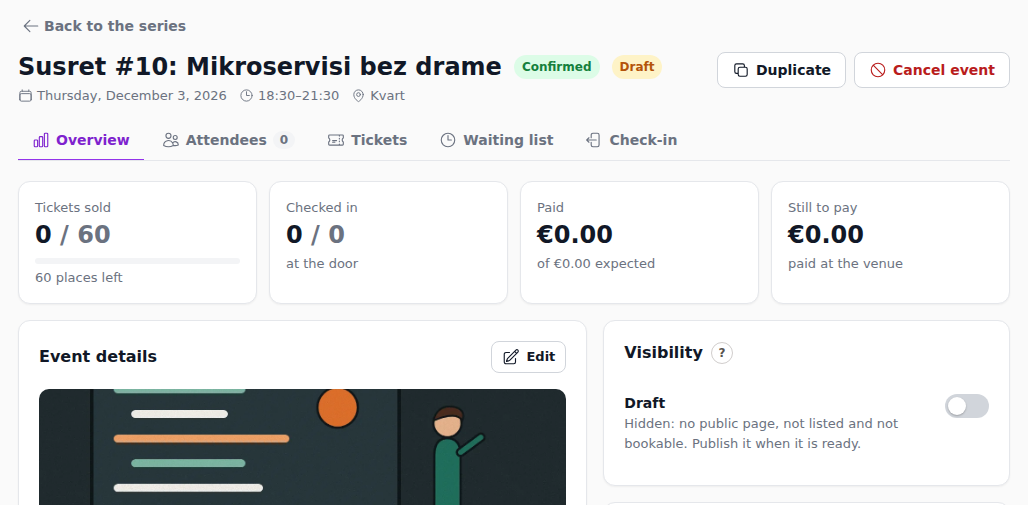 The Visibility card of a meetup: Draft or Published