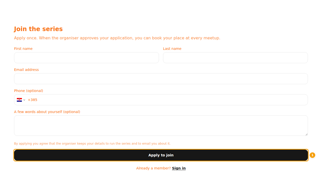 The sign-up form on the series website, with the button (1)