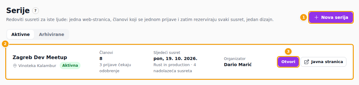 Nova serija (1), serija s brojkama (2) i Otvori (3)