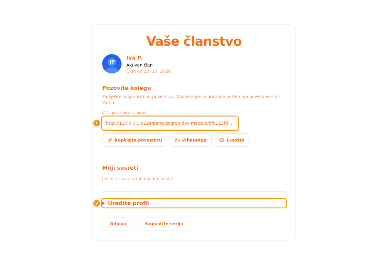 Poveznica za poziv (1) i Uredite profil (2) na članskoj kartici