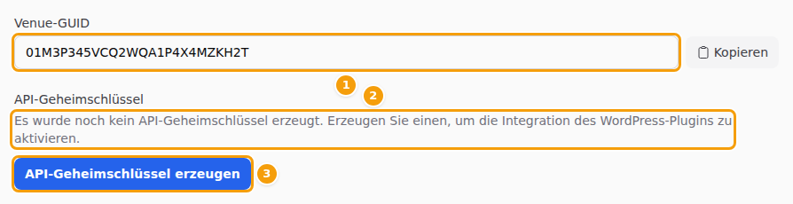 Eine Venue ohne Schlüssel: Standort-GUID (1), der Hinweis, dass es noch keinen Schlüssel gibt (2), und API-Geheimschlüssel erzeugen (3)