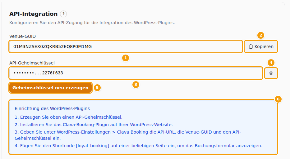 Die Registerkarte API-Integration: Standort-GUID (1) mit Kopieren (2), API-Geheimschlüssel (3) mit der Augen-Schaltfläche (4), Geheimschlüssel neu erzeugen (5) und der Kasten Einrichtung des WordPress-Plugins (6)