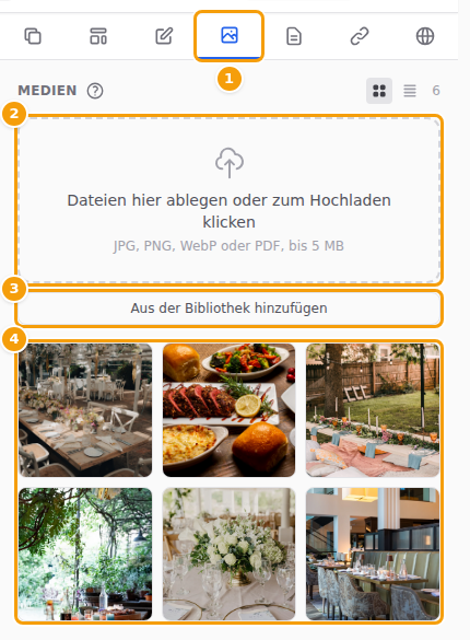 Der Tab Medien des Website-Editors: der Tab (1), das Upload-Feld (2), Aus der Bibliothek hinzufügen (3) und Ihre Fotos (4)
