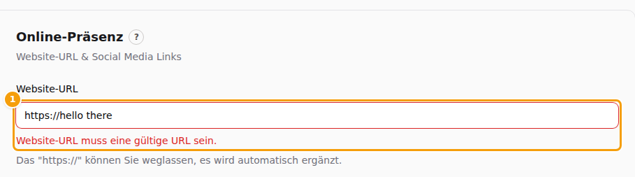 Eine rote Meldung unter Website-URL (1), wenn die Adresse nicht gültig ist; es wird nichts gespeichert