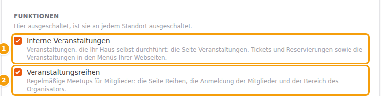 Markeneinstellungen, Karte Funktionen: Interne Veranstaltungen (1) und Veranstaltungsreihen (2)