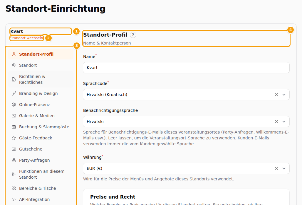 Der Arbeitsbildschirm: der Standort (1), Standort wechseln (2), die Registerkarten (3) und der Name der geöffneten Registerkarte (4)