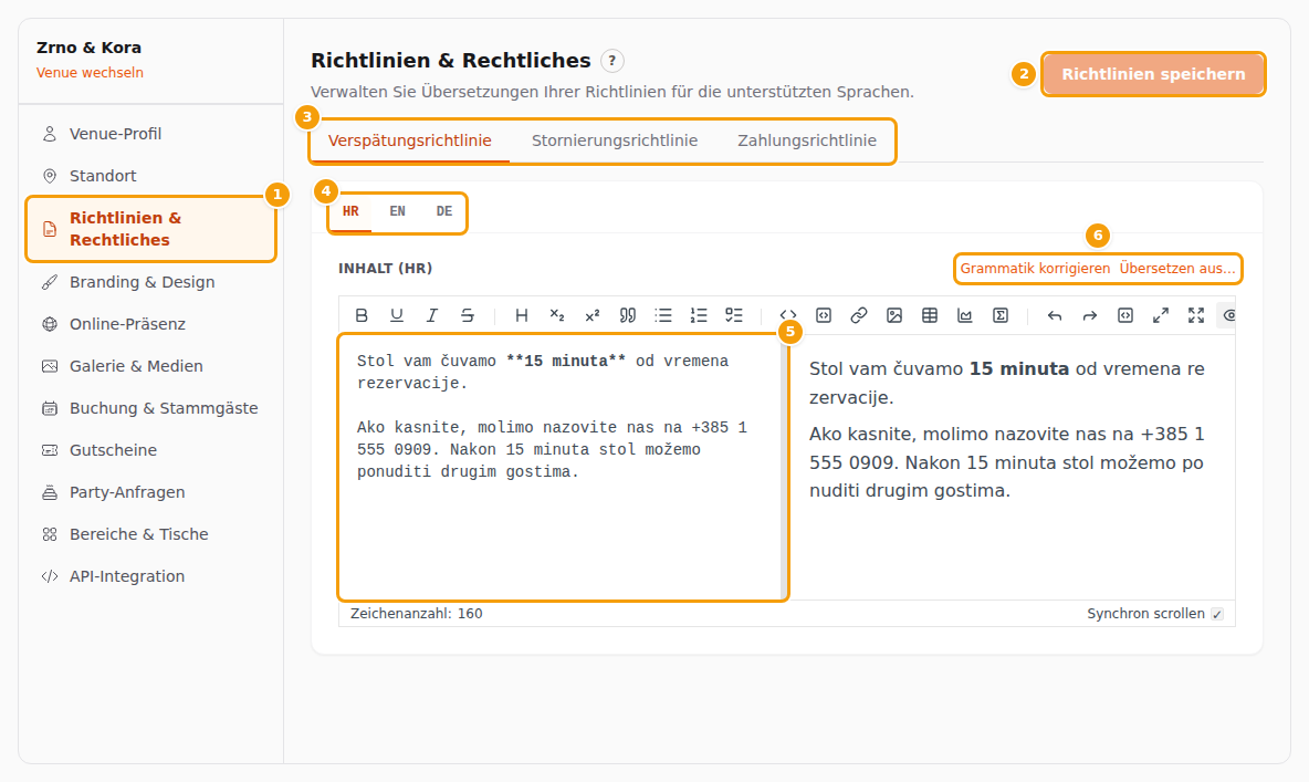 Die Registerkarte Richtlinien & Rechtliches (1), Richtlinien speichern (2), die drei Richtlinien (3), die Sprachen (4), das Textfeld (5) und die zwei Hilfsschaltflächen (6)