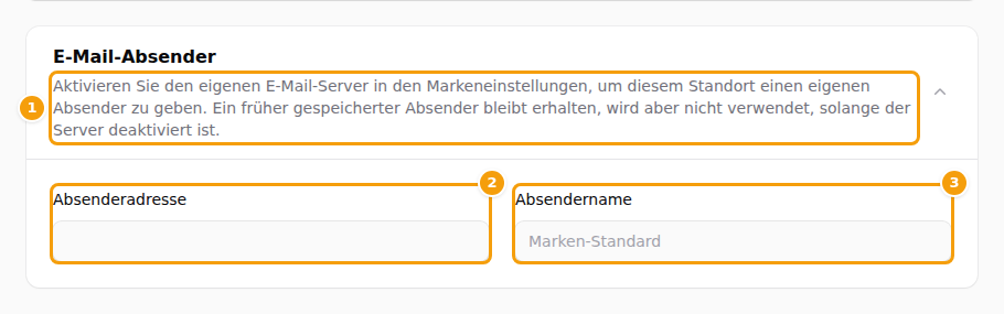 Der Abschnitt E-Mail-Absender bei ausgeschaltetem eigenem E-Mail-Server: die Erklärung (1), Absenderadresse (2) und Absendername (3) lassen sich nicht bearbeiten