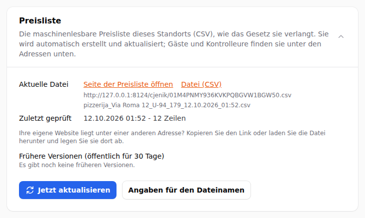 Die Karte Preisliste: die Links, die letzte Prüfung, die Zeilen und die früheren Versionen