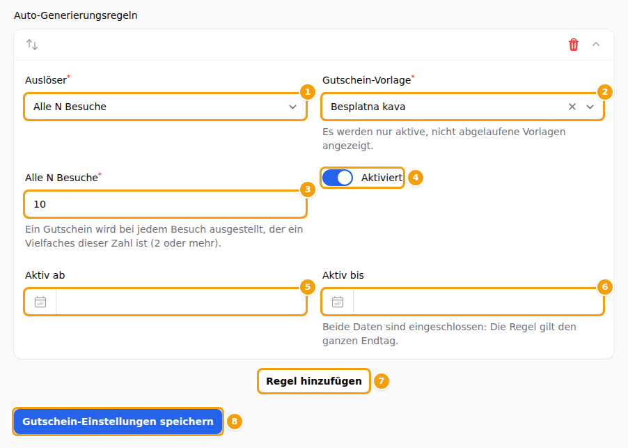 Eine Regel mit ihren Feldern (1) bis (6), der Schaltfläche Regel hinzufügen (7) und Gutschein-Einstellungen speichern (8)