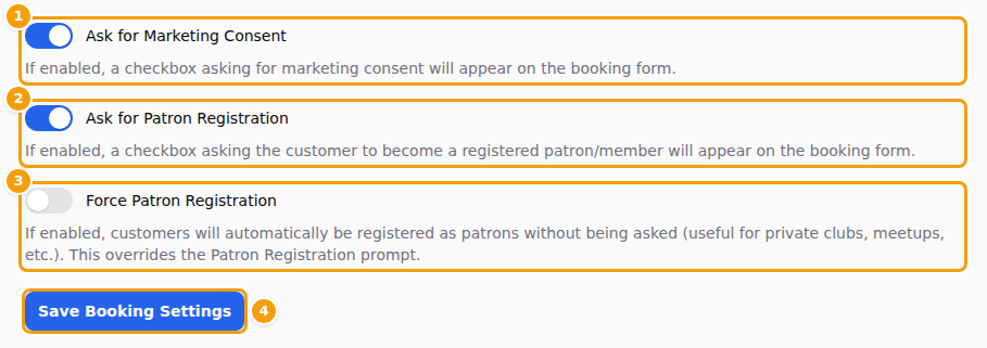 The three switches (1) (2) (3) and Save Booking Settings (4)