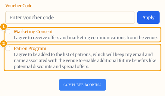 The booking form with the Marketing Consent tick box (1) and the Patron Program tick box (2)