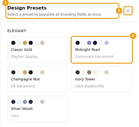 The Design Presets panel: the title (1), one look (2) and the close button (3)