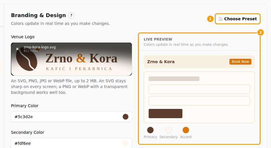 Choose Preset (1) and the Live Preview (2)