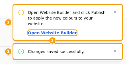The green message (1), the yellow reminder (2) and its button Open Website Builder (3)