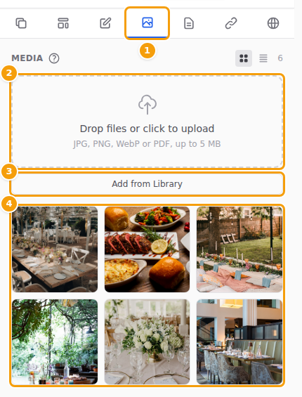 The Media tab of the website editor: the tab (1), the upload box (2), Add from Library (3) and your photos (4)