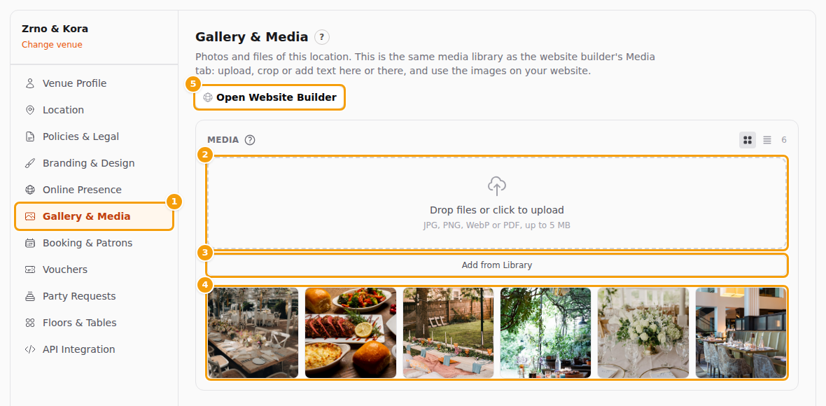 The Gallery & Media tab (1): the upload box (2), Add from Library (3), your photos (4) and Open Website Builder (5)