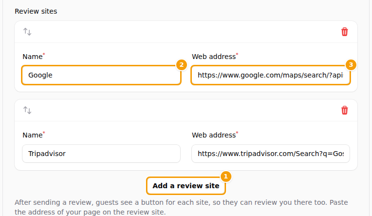 Add a review site (1), then its name (2) and web address (3)
