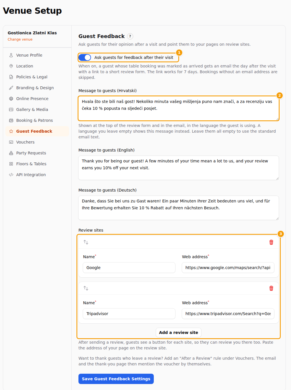 The Guest Feedback tab: the switch (1), your messages (2) and the review sites (3)