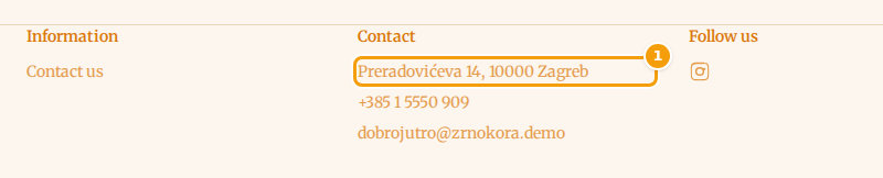 The footer of a website: the address (1) comes from the Location tab