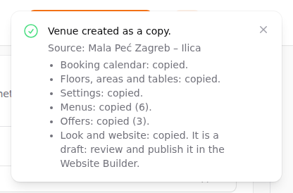 The message after creating a copy: one line for each part that was copied, with a note where something needs your attention