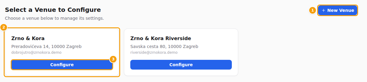 The list of venues: New Venue (1), a venue card (2) and its Configure button (3)
