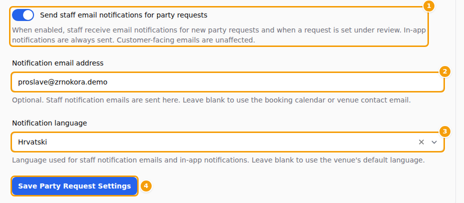 The staff email switch (1), the notification address (2), the notification language (3) and Save Party Request Settings (4)