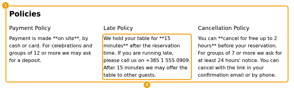 The guest's Booking Details page: the block with your three texts (1) and a text in which the stars are still visible (2)