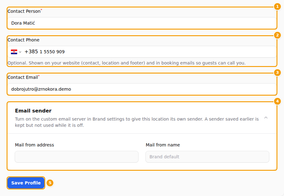 Contact Person (1), Contact Phone (2), Contact Email (3), Email sender (4) and Save Profile (5)