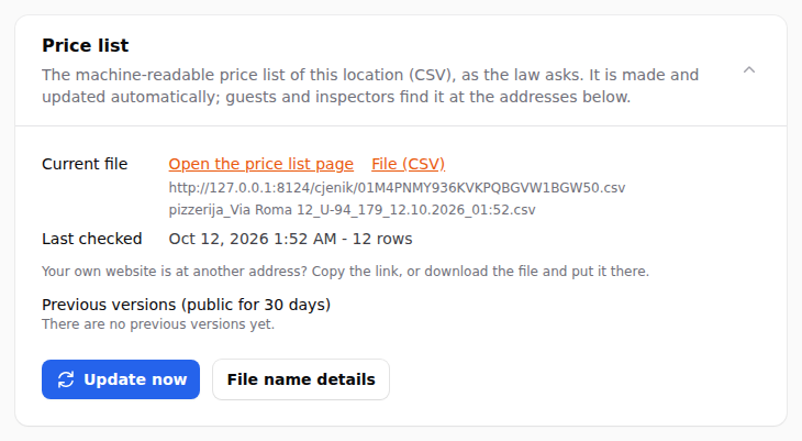 The Price list card: the links, when it was last checked, the rows and the previous versions