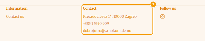 The footer of a website: the address, phone number and email address (1) come from your location