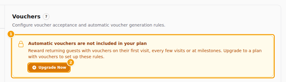 A plan without vouchers: the yellow box (1) and the Upgrade Now button (2)
