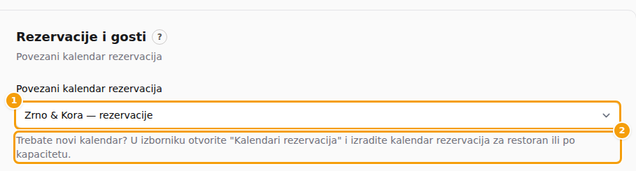 Povezani kalendar rezervacija (1) i redak koji kaže gdje izraditi novi kalendar (2)