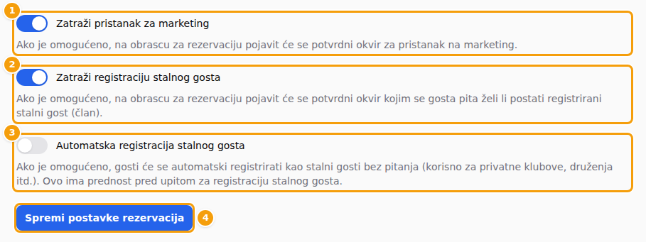 Tri prekidača (1) (2) (3) i Spremi postavke rezervacija (4)