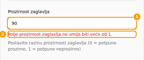 Vrijednost 90 se odbija: polje (1) i crvena poruka ispod njega (2)