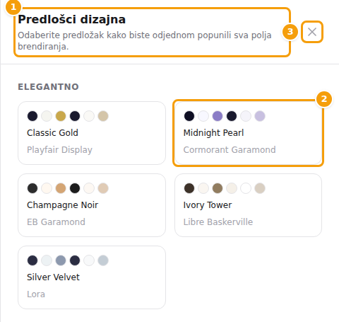 Ploča Predlošci dizajna: naslov (1), jedan izgled (2) i gumb za zatvaranje (3)