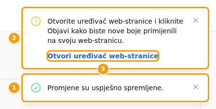 Zelena poruka (1), žuti podsjetnik (2) i njegov gumb Otvori uređivač web-stranice (3)