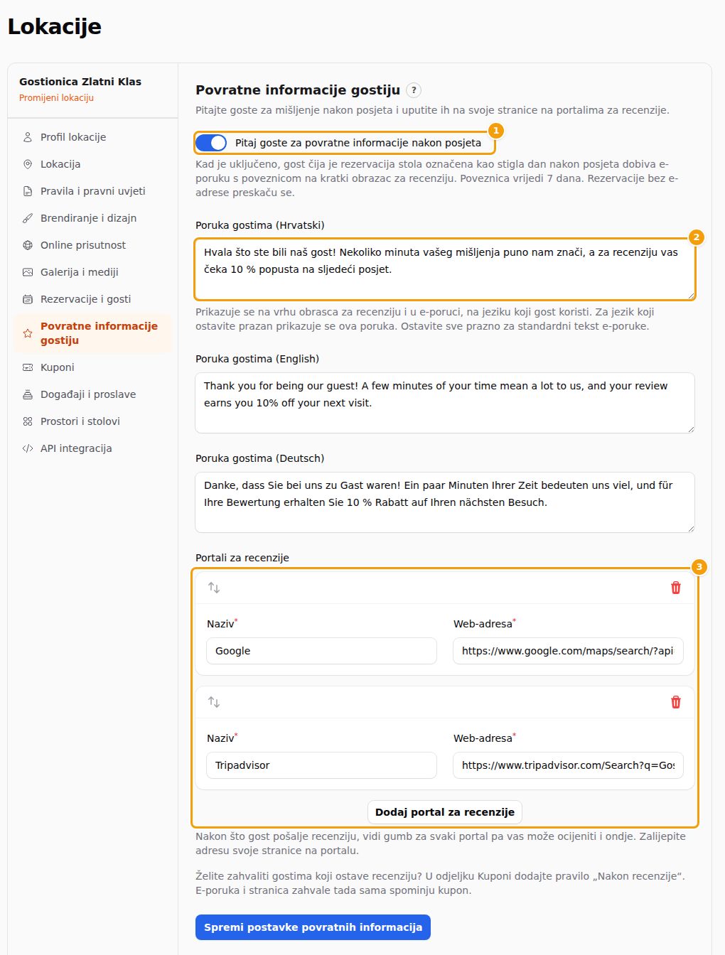 Kartica Povratne informacije gostiju: prekidač (1), Vaše poruke (2) i stranice za recenzije (3)
