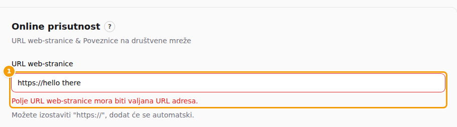 Crvena poruka ispod polja URL web-stranice (1) kad adresa nije valjana; ništa se ne sprema