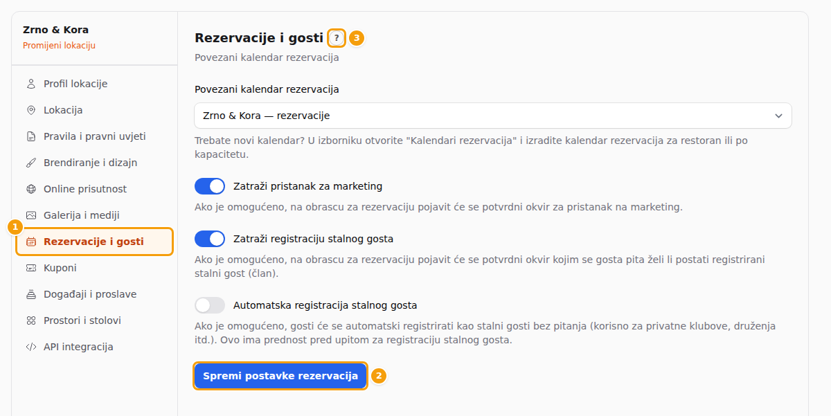 Kartica na kojoj ste (1), njezin gumb za spremanje (2) i mali okrugli gumb za pomoć pokraj njezina naziva (3)