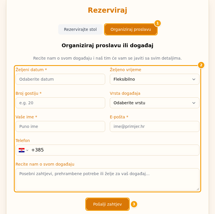 Kartica Organizirajte proslavu (1), obrazac za zahtjev (2) i gumb Pošaljite zahtjev (3)