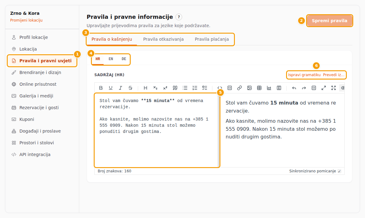 Kartica Pravila i pravni uvjeti (1), Spremi pravila (2), tri vrste pravila (3), jezici (4), okvir za tekst (5) i dva pomoćna gumba (6)